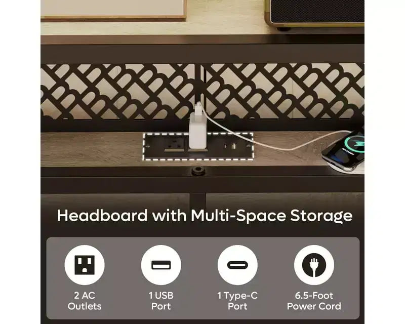 Metal Platform Bed Frame with Storage Headboard, Power Outlet, LED Lights & Beside Shelves