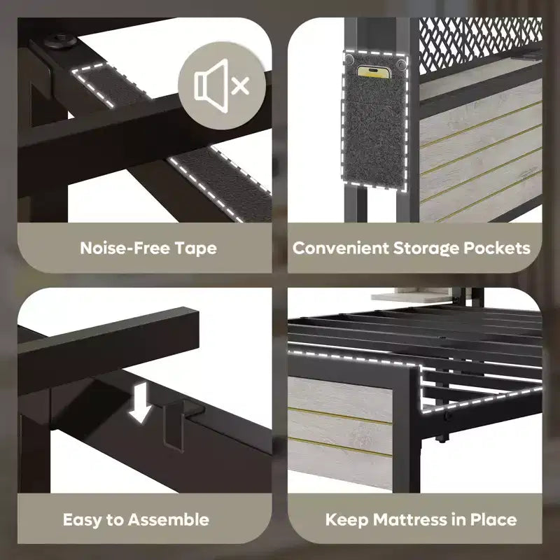 Metal Platform Bed Frame with Storage Headboard, Power Outlet, LED Lights & Beside Shelves
