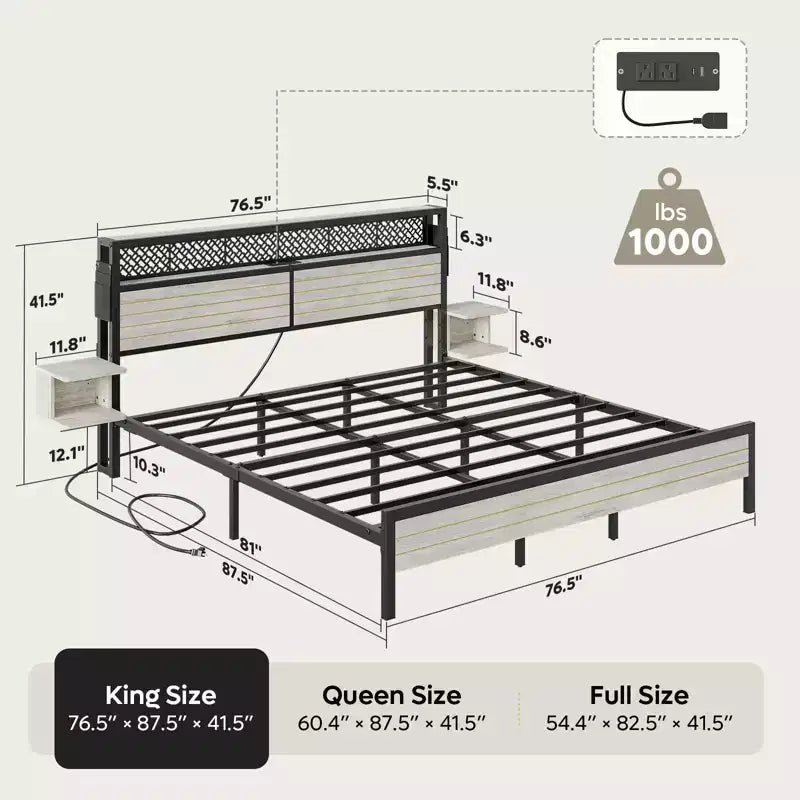 Metal Platform Bed Frame with Storage Headboard, Power Outlet, LED Lights & Beside Shelves