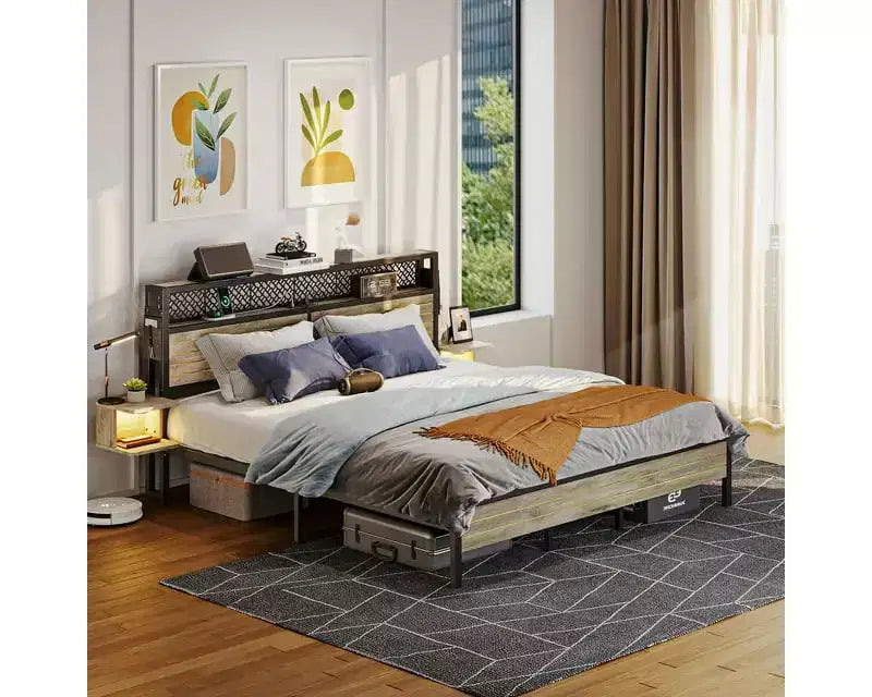 Metal Platform Bed Frame with Storage Headboard, Power Outlet, LED Lights & Beside Shelves
