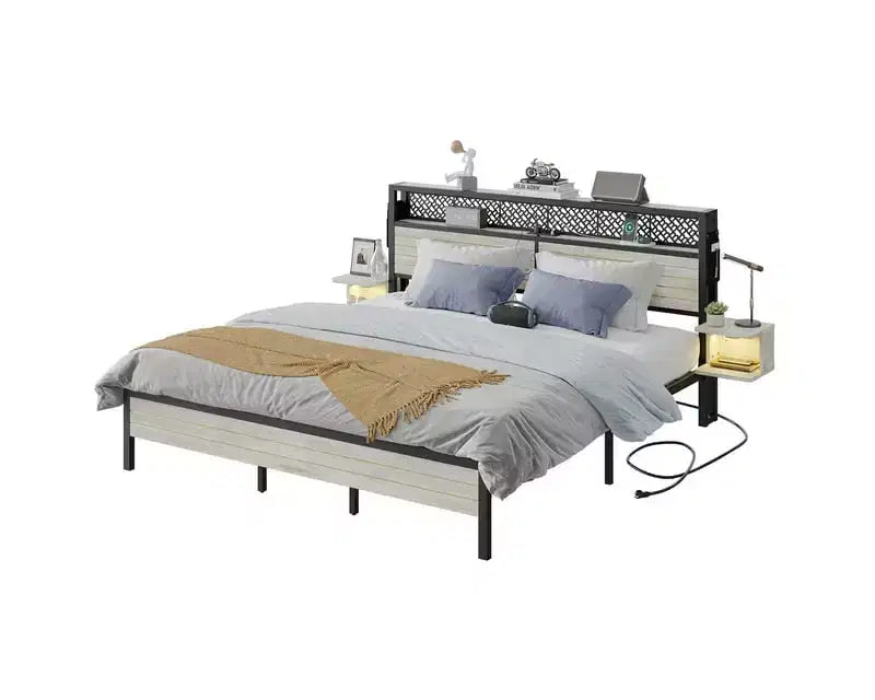Metal Platform Bed Frame with Storage Headboard, Power Outlet, LED Lights & Beside Shelves