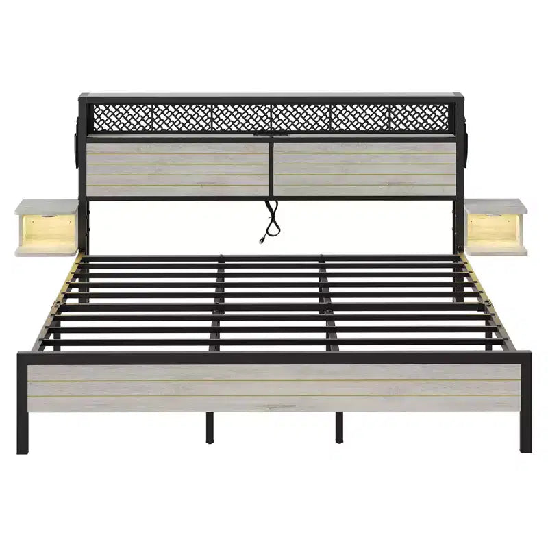 Metal Platform Bed Frame with Storage Headboard, Power Outlet, LED Lights & Beside Shelves