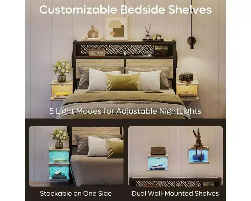 Metal Platform Bed Frame with Storage Headboard, Power Outlet, LED Lights & Beside Shelves
