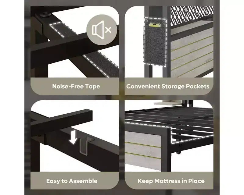 Metal Platform Bed Frame with Storage Headboard, Power Outlet, LED Lights & Beside Shelves