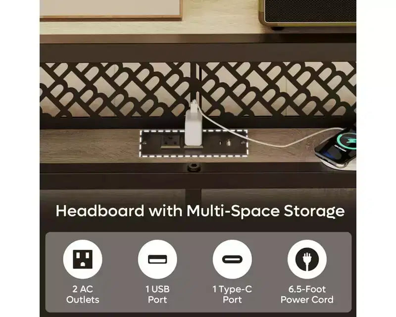Metal Platform Bed Frame with Storage Headboard, Power Outlet, LED Lights & Beside Shelves