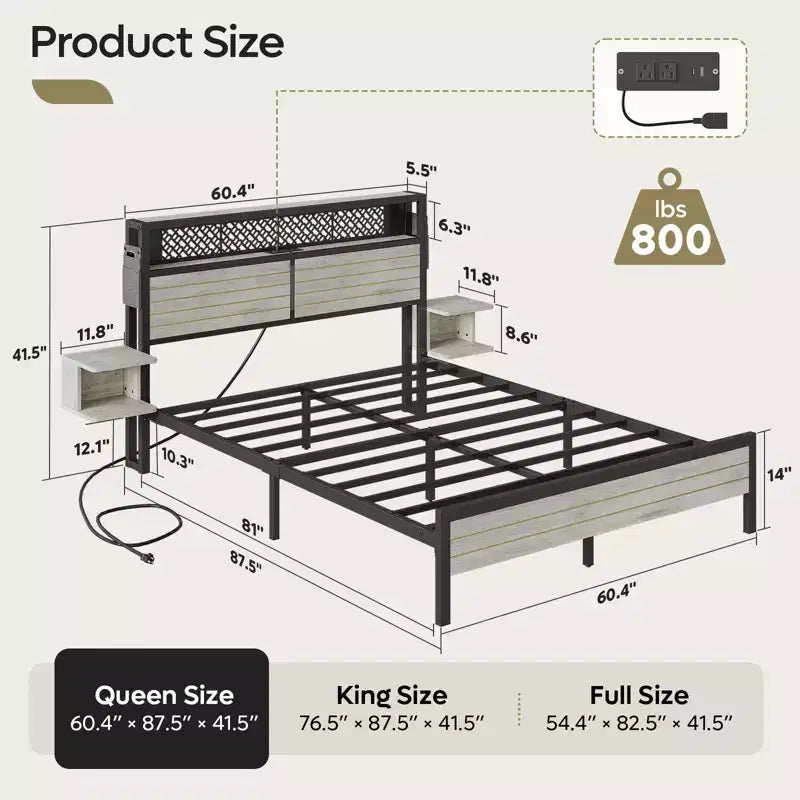Metal Platform Bed Frame with Storage Headboard, Power Outlet, LED Lights & Beside Shelves