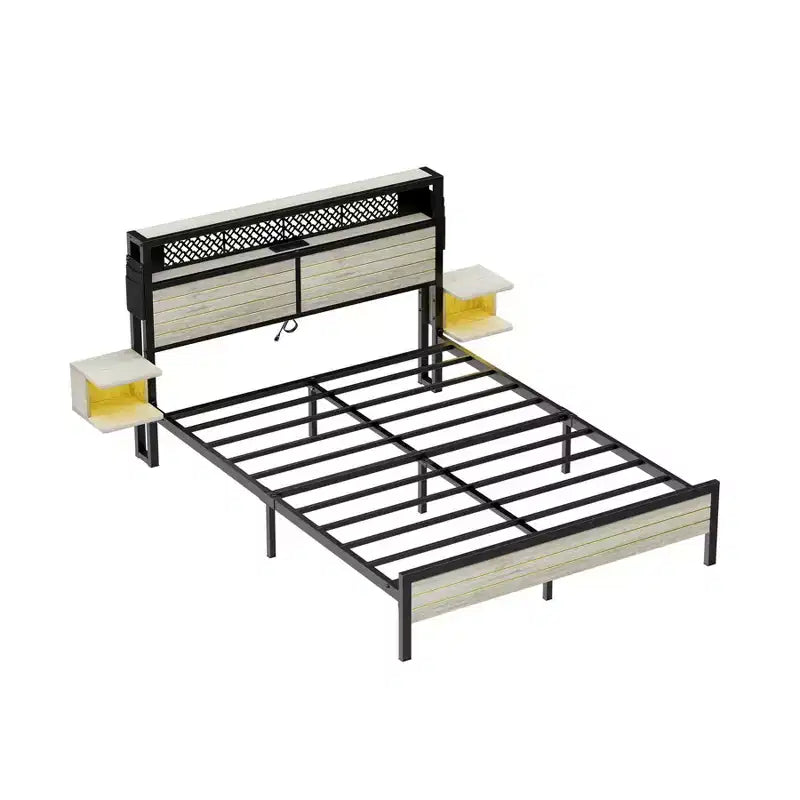 Metal Platform Bed Frame with Storage Headboard, Power Outlet, LED Lights & Beside Shelves