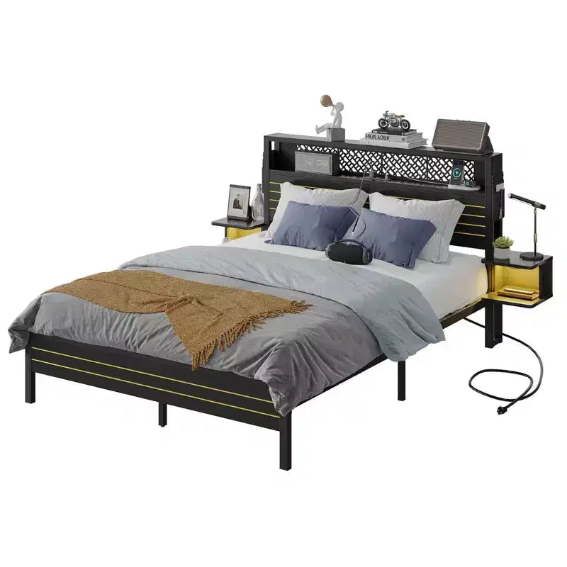 Metal Platform Bed Frame with Storage Headboard, Power Outlet, LED Lights & Beside Shelves