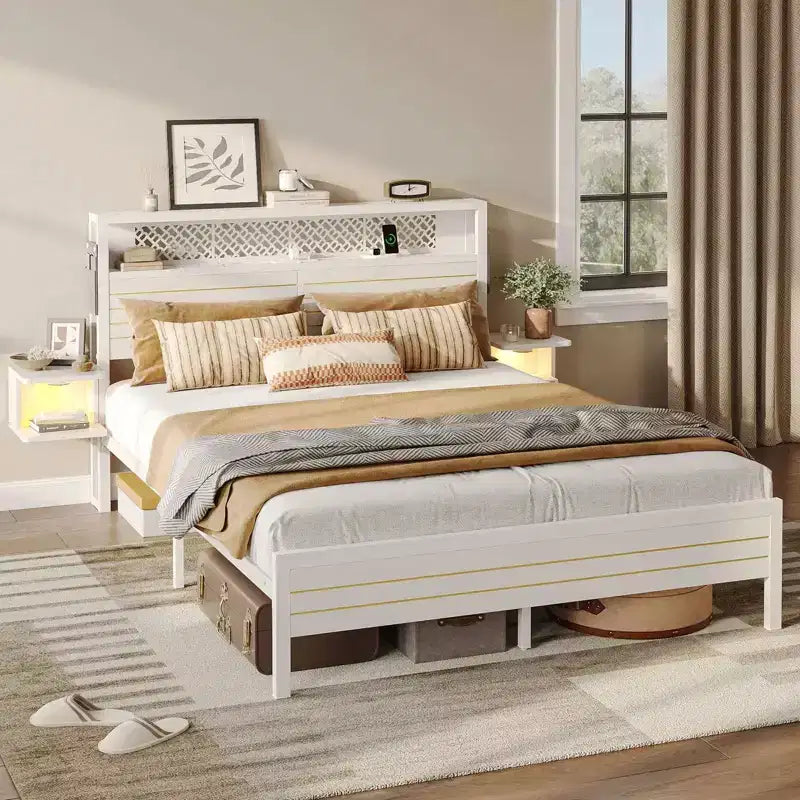 Metal Platform Bed Frame with Storage Headboard, Power Outlet, LED Lights & Beside Shelves