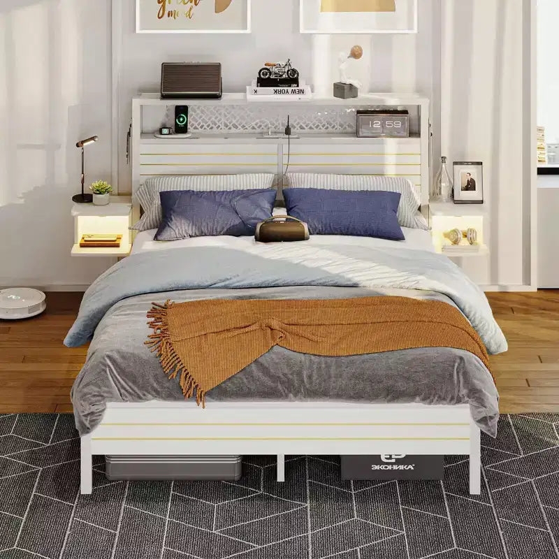 Metal Platform Bed Frame with Storage Headboard, Power Outlet, LED Lights & Beside Shelves
