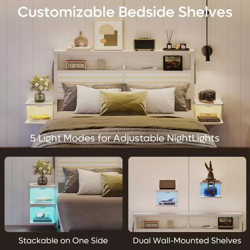 Metal Platform Bed Frame with Storage Headboard, Power Outlet, LED Lights & Beside Shelves