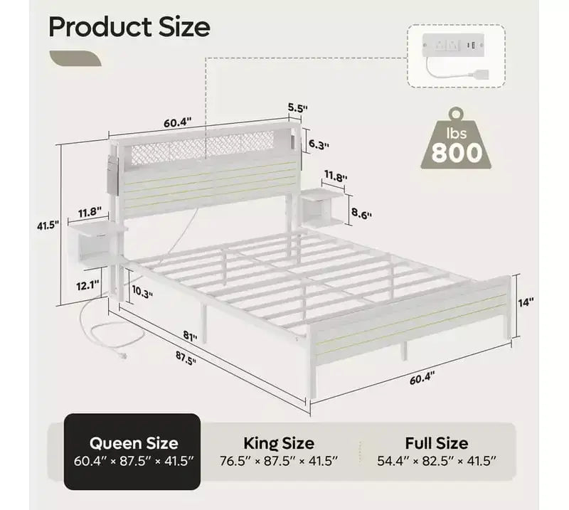 Metal Platform Bed Frame with Storage Headboard, Power Outlet, LED Lights & Beside Shelves