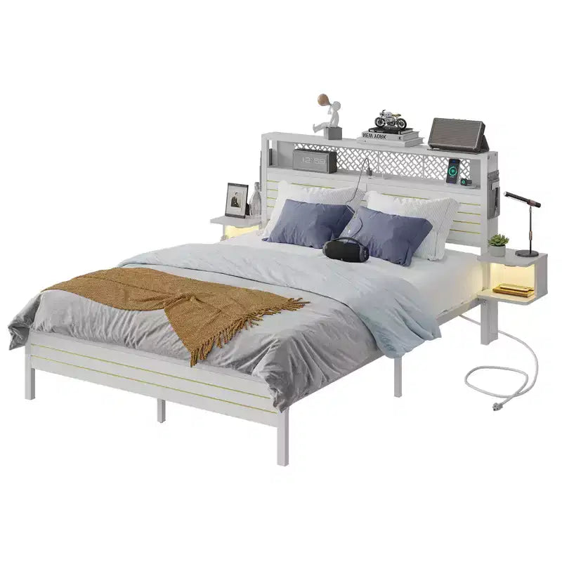 Metal Platform Bed Frame with Storage Headboard, Power Outlet, LED Lights & Beside Shelves