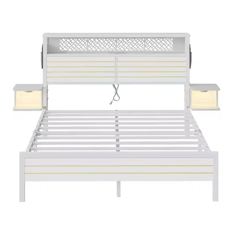 Metal Platform Bed Frame with Storage Headboard, Power Outlet, LED Lights & Beside Shelves