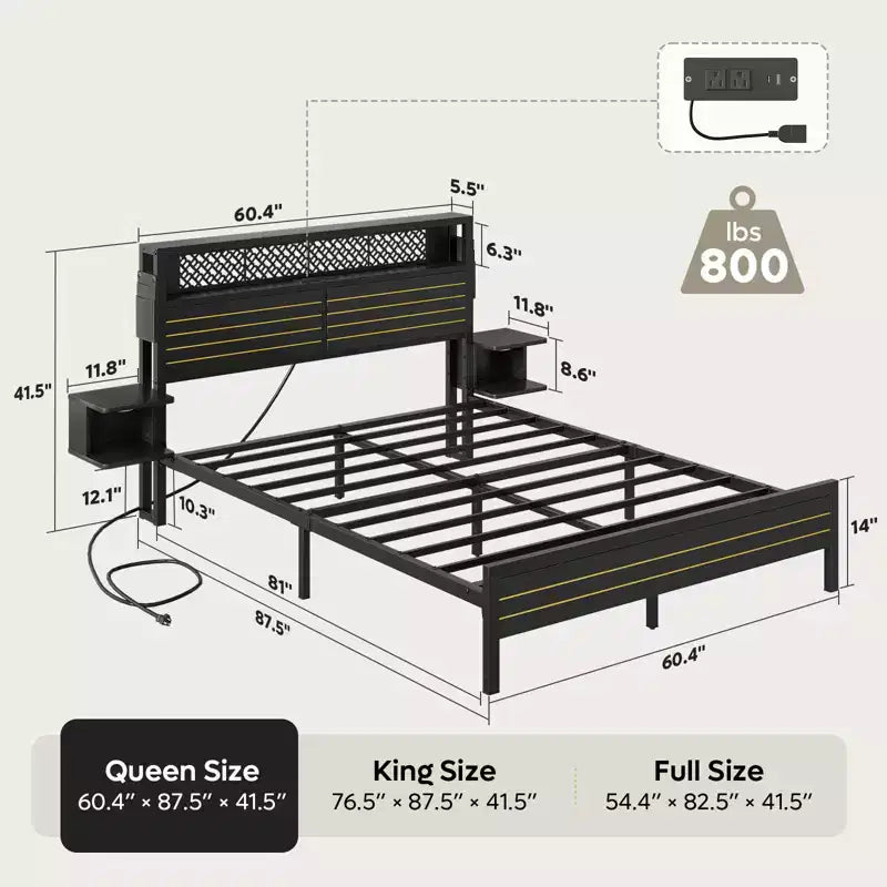 Metal Platform Bed Frame with Storage Headboard, Power Outlet, LED Lights & Beside Shelves