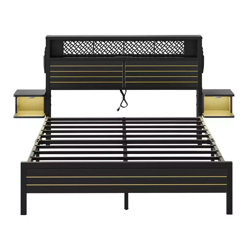 Metal Platform Bed Frame with Storage Headboard, Power Outlet, LED Lights & Beside Shelves