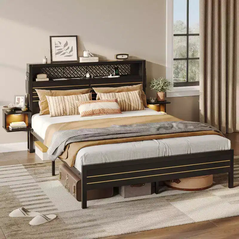 Metal Platform Bed Frame with Storage Headboard, Power Outlet, LED Lights & Beside Shelves