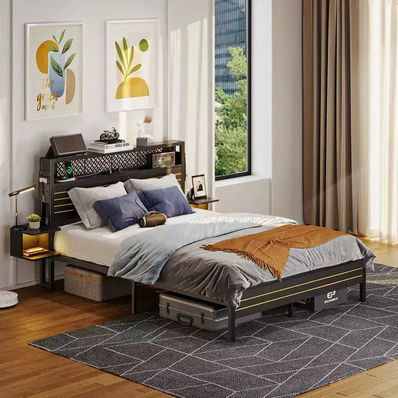 Metal Platform Bed Frame with Storage Headboard, Power Outlet, LED Lights & Beside Shelves