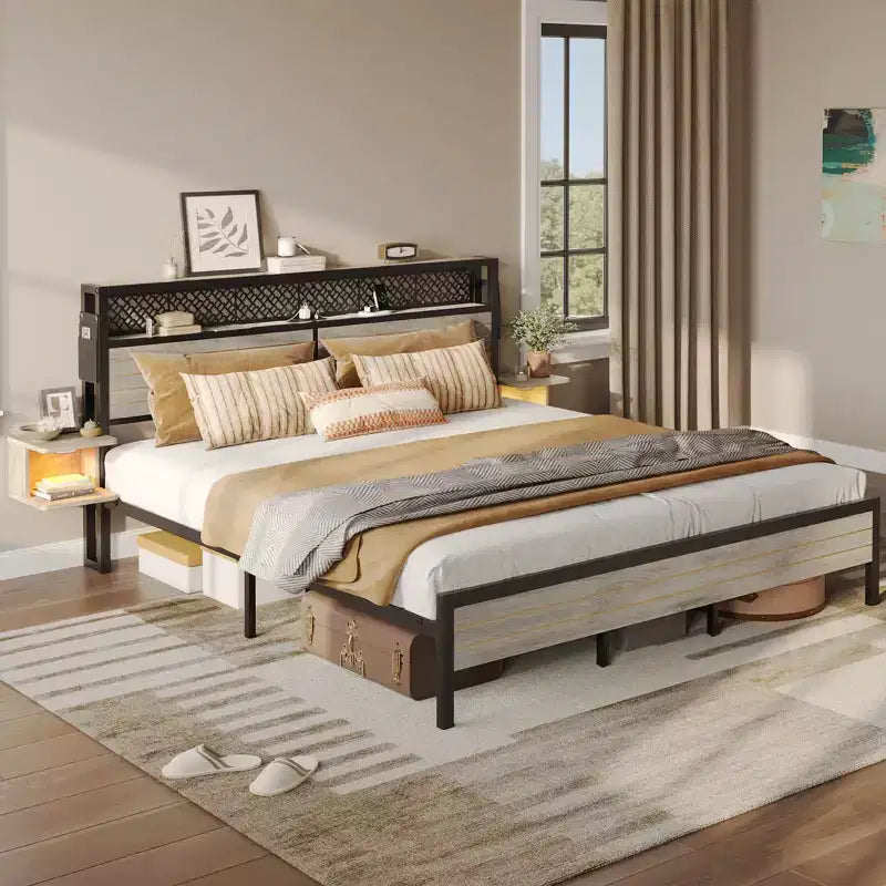 Metal Platform Bed Frame with Storage Headboard, Power Outlet, LED Lights & Beside Shelves