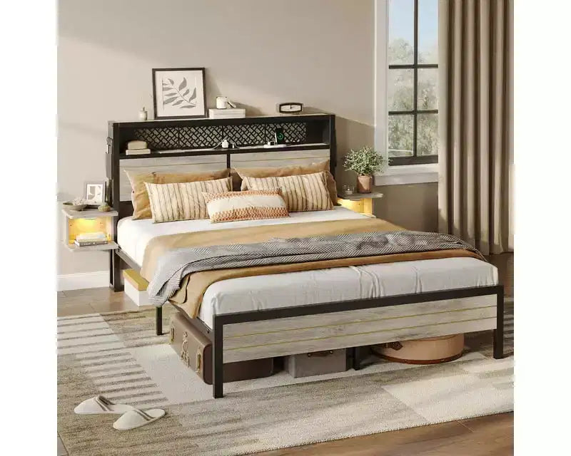 Metal Platform Bed Frame with Storage Headboard, Power Outlet, LED Lights & Beside Shelves