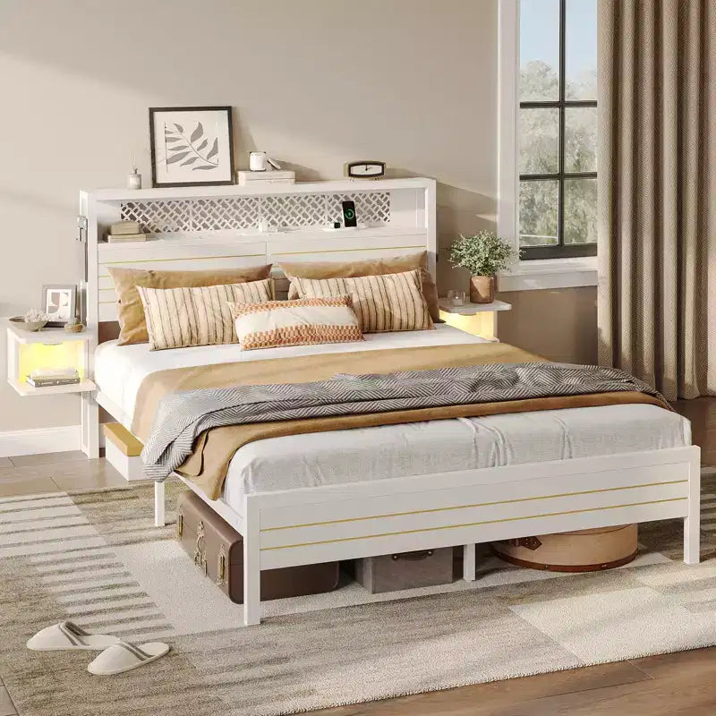 Metal Platform Bed Frame with Storage Headboard, Power Outlet, LED Lights & Beside Shelves