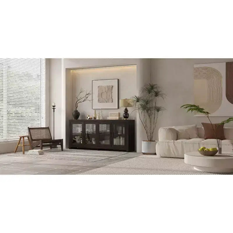 Deep Brown Accent Storage Cabinet with Glass Doors & Wood Grain Finish