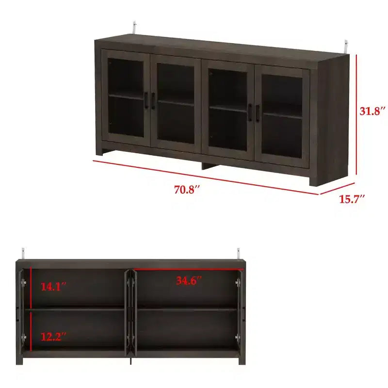 Deep Brown Accent Storage Cabinet with Glass Doors & Wood Grain Finish