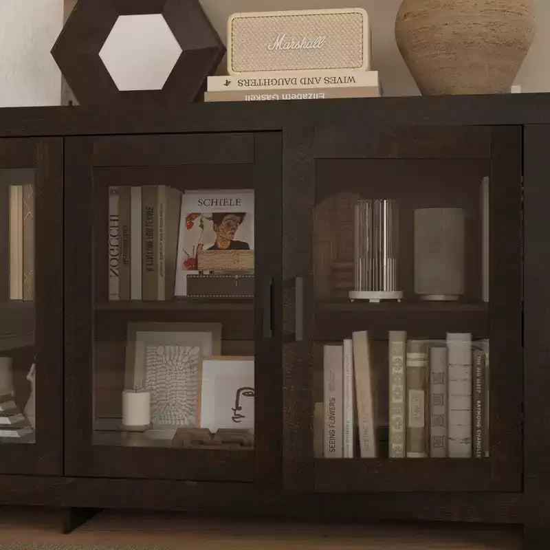 Deep Brown Accent Storage Cabinet with Glass Doors & Wood Grain Finish