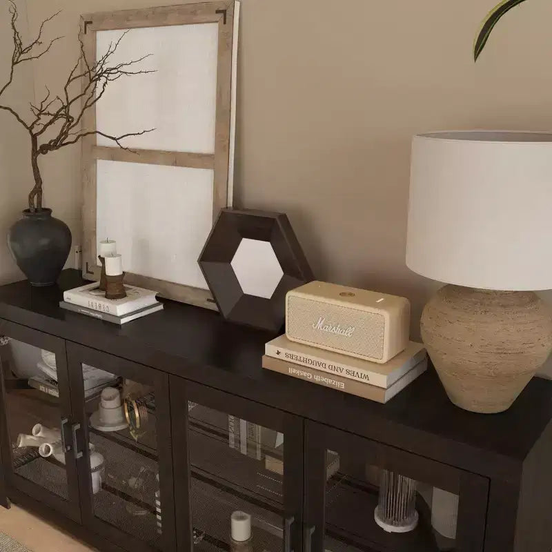 Deep Brown Accent Storage Cabinet with Glass Doors & Wood Grain Finish