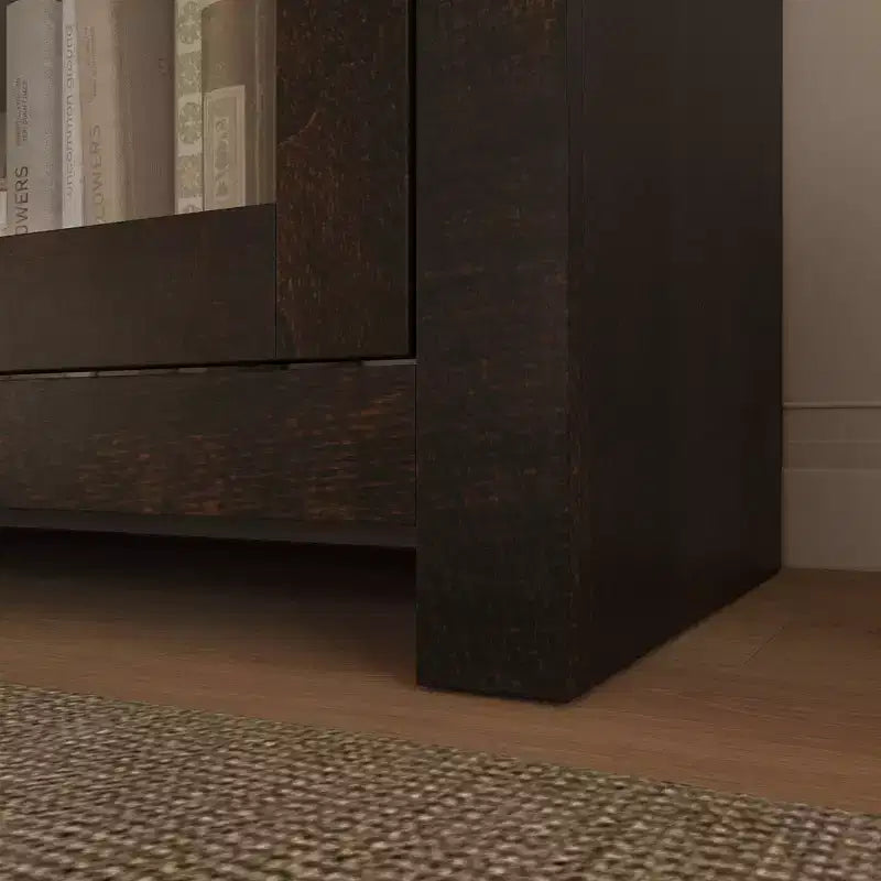 Deep Brown Accent Storage Cabinet with Glass Doors & Wood Grain Finish