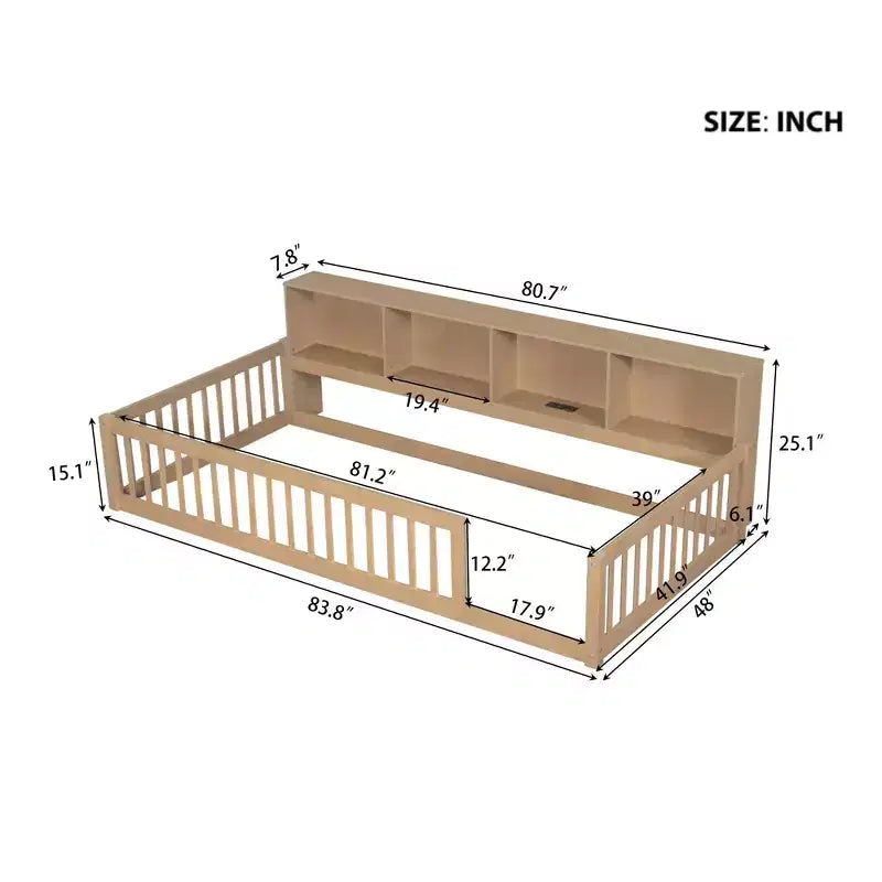 Twin XL Montessori Floor Bed with Storage Cabinets and USB Ports