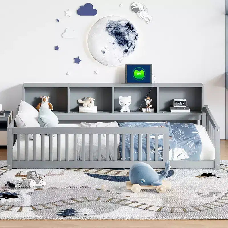 Twin XL Montessori Floor Bed with Storage Cabinets and USB Ports