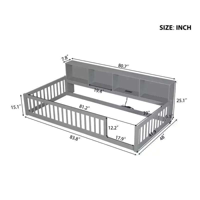 Twin XL Montessori Floor Bed with Storage Cabinets and USB Ports