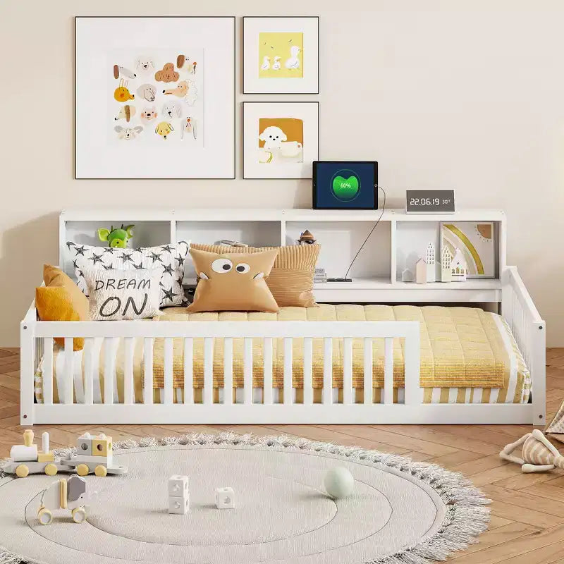Twin XL Montessori Floor Bed with Storage Cabinets and USB Ports