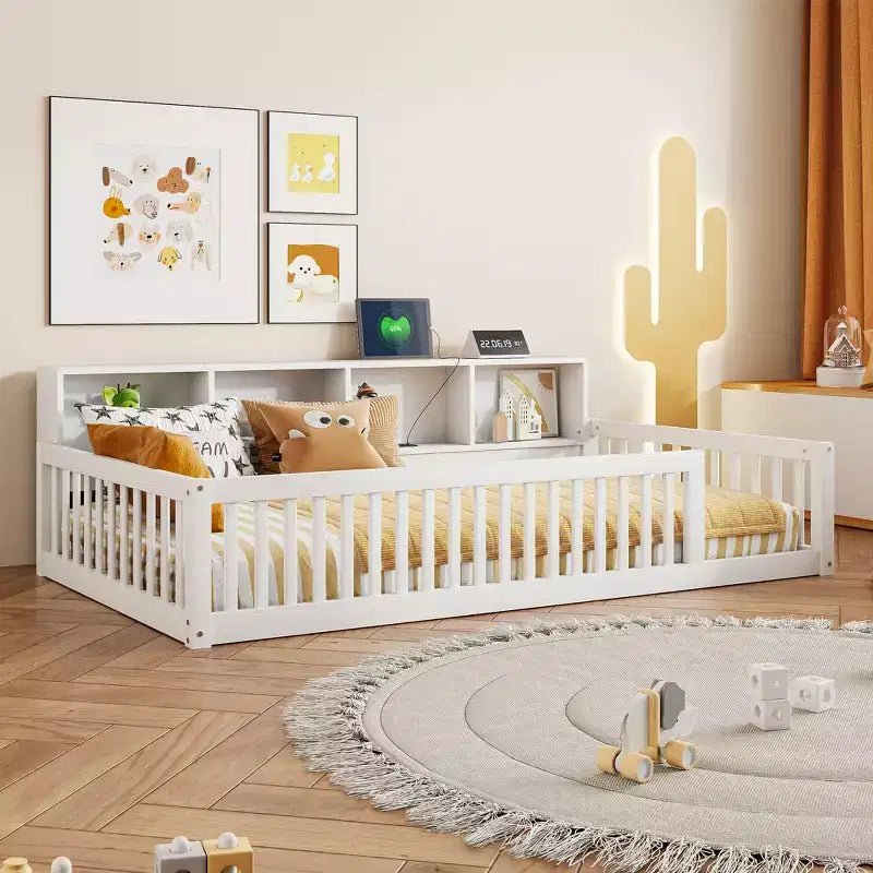 Twin XL Montessori Floor Bed with Storage Cabinets and USB Ports