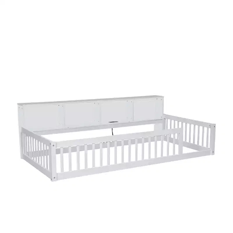 Twin XL Montessori Floor Bed with Storage Cabinets and USB Ports