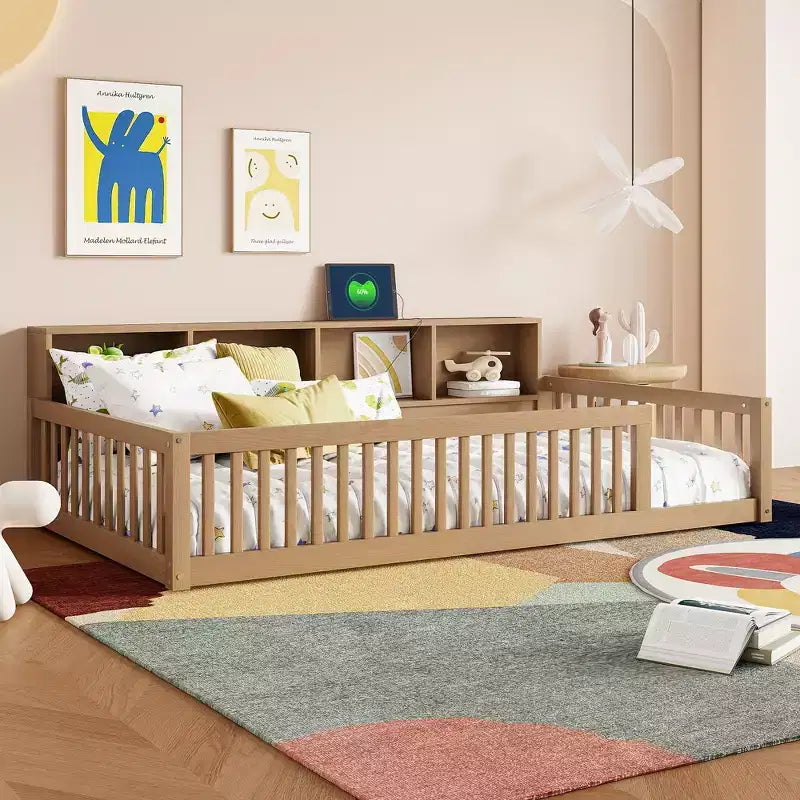 Twin XL Montessori Floor Bed with Storage Cabinets and USB Ports