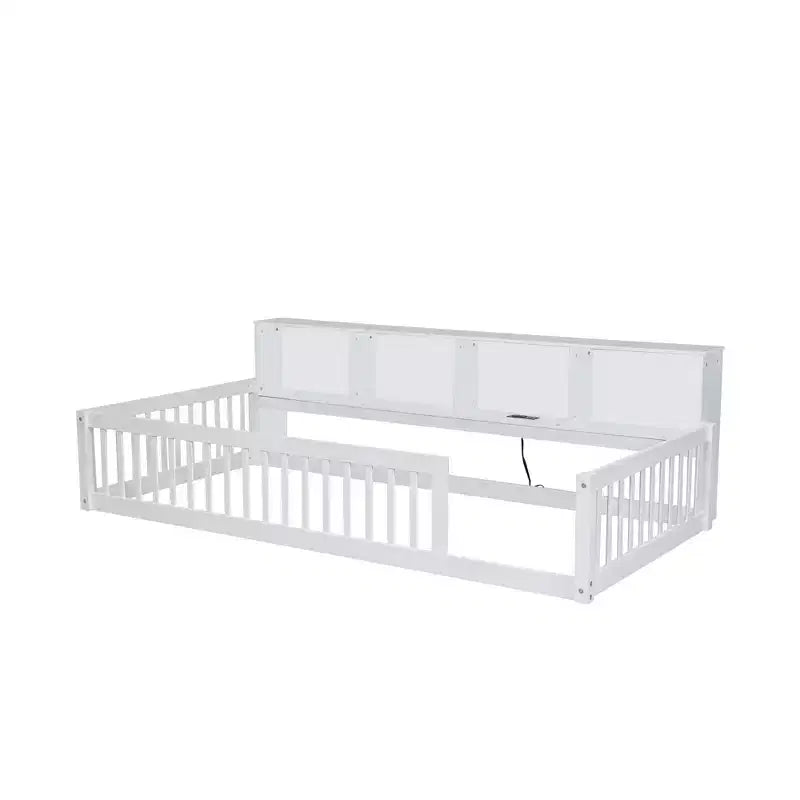 Twin XL Montessori Floor Bed with Storage Cabinets and USB Ports