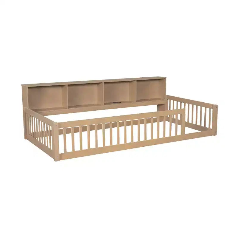 Twin XL Montessori Floor Bed with Storage Cabinets and USB Ports