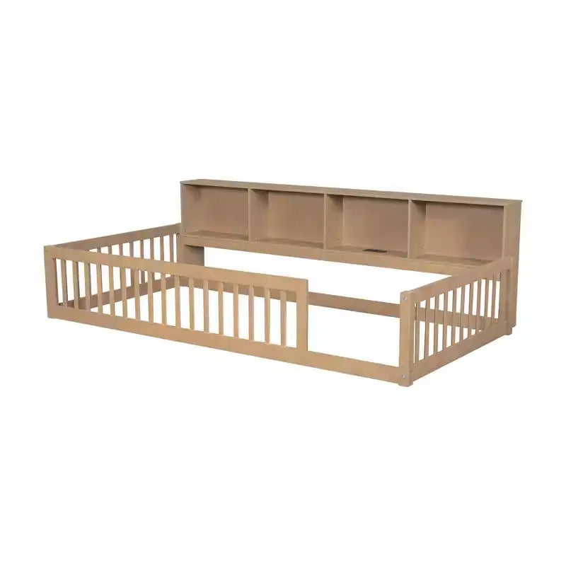 Twin XL Montessori Floor Bed with Storage Cabinets and USB Ports