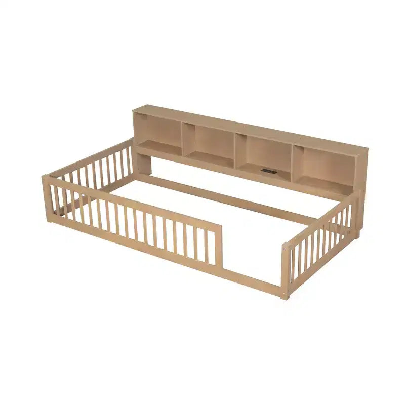 Twin XL Montessori Floor Bed with Storage Cabinets and USB Ports