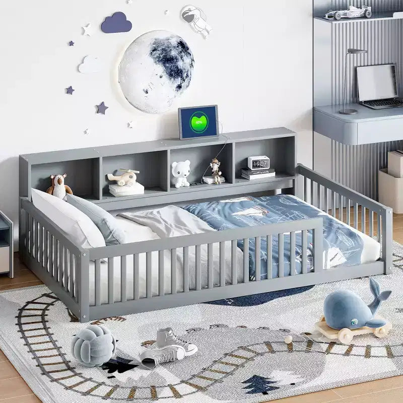 Twin XL Montessori Floor Bed with Storage Cabinets and USB Ports
