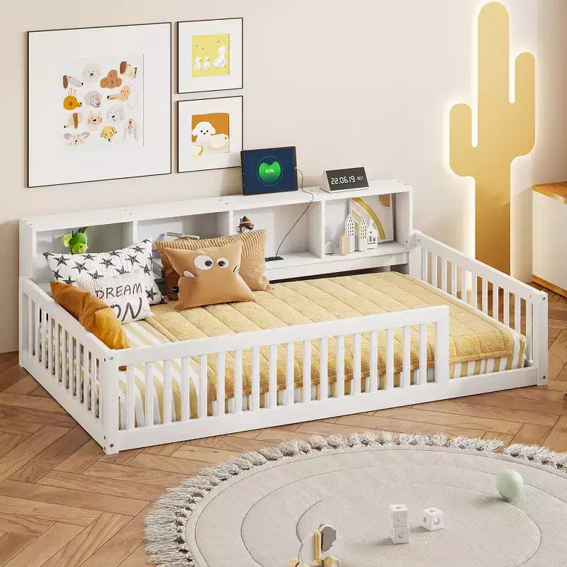 Twin XL Montessori Floor Bed with Storage Cabinets and USB Ports