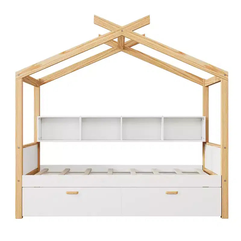 Twin/Full Size House Bed with Trundle or Drawers, Bookshelf, Natural+White