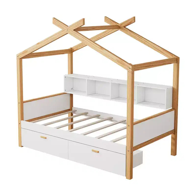 Twin/Full Size House Bed with Trundle or Drawers, Bookshelf, Natural+White