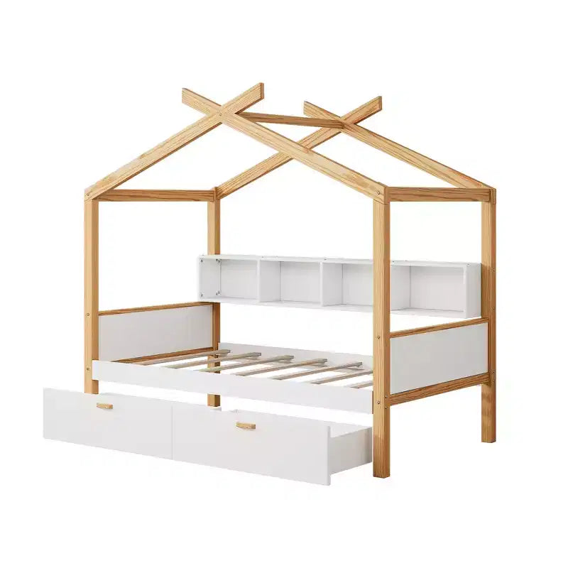 Twin/Full Size House Bed with Trundle or Drawers, Bookshelf, Natural+White