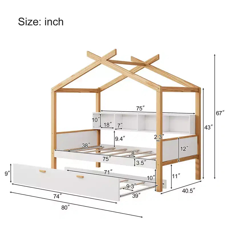 Twin/Full Size House Bed with Trundle or Drawers, Bookshelf, Natural+White