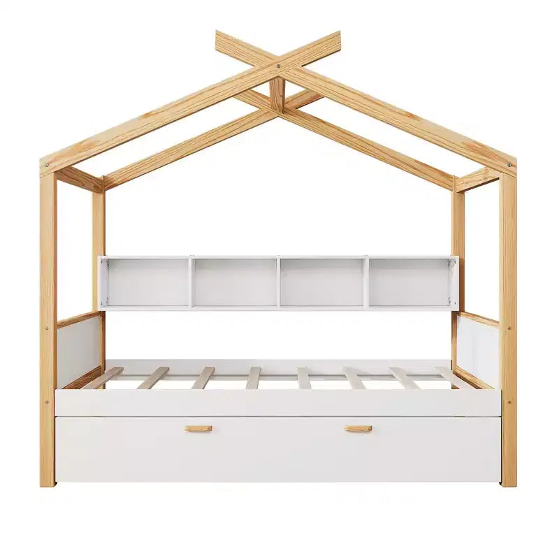 Twin/Full Size House Bed with Trundle or Drawers, Bookshelf, Natural+White