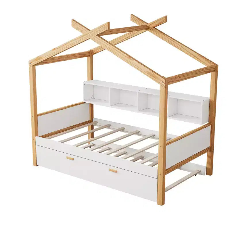 Twin/Full Size House Bed with Trundle or Drawers, Bookshelf, Natural+White