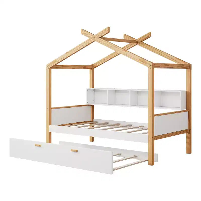 Twin/Full Size House Bed with Trundle or Drawers, Bookshelf, Natural+White